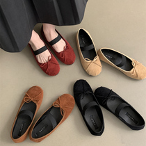 Suede Pasta Ballet Single Shoes Woman 2024 Spring new French style retro round head shallow mouth Soft flat-bottomed Mary Precious shoes