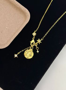 vintager复古金色星芒中古项链吊坠月亮锁骨链轻奢时尚高级感配饰