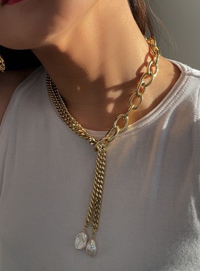 ins欧美原创设计粗细可抽拉链条天然珍珠黄铜镀真金 ins风 项链女