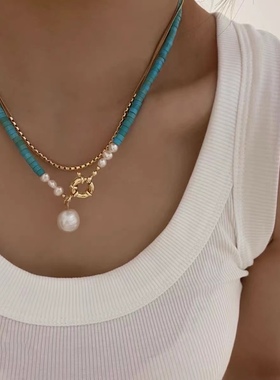 手工串珠小众设计绝美浅蓝色双层巴洛克简约绿松石珍珠项链锁骨链