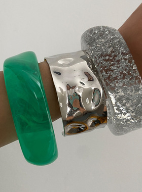 欧美饰品时尚不规则晕染树脂手镯个性半透明银箔宽版手饰镯子