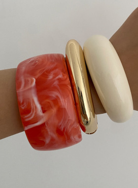 欧美夸张树脂晕染宽面手镯Bracelet 复古ins风几何金属光面环