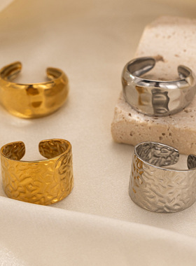 欧美简约ins风不锈钢锤纹开口戒指不掉色高级感饰品