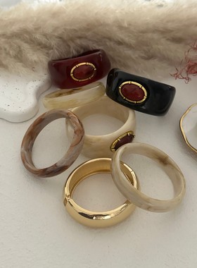 欧美光面晕染开口手镯树脂镶嵌仿红松石 复古气质手饰小众高级