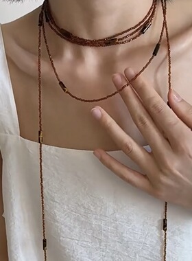 多层咖色水晶串珠长款项链女choker虎眼石小众时尚叠戴超长项链新