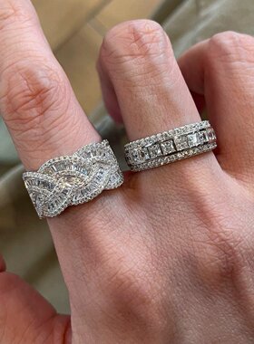 高级vintage叠戴银色排钻戒指爆闪老钱风华丽重工食指戒小众指环