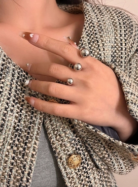 韩版小众设计金属圆珠球戒指 ins简约冷淡风双指叠戴开口指环戒子