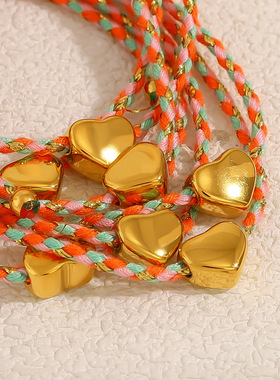 新款桃心吊坠彩色编织棉绳情侣手链 民族度假风钛钢饰品