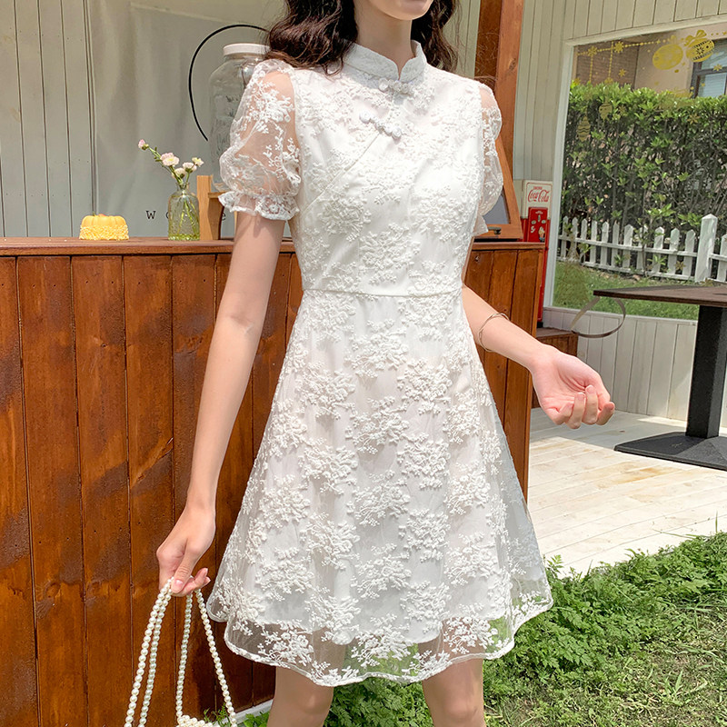 毛菇小象网纱旗袍扣女2020夏连衣裙 毛菇小象连衣裙