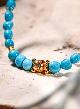 绿松石手串原矿无优化女金珠小米珠手链蓝色玉石新中式设计普琳丝