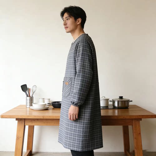 加长围裙男士倒褂偏大码成人新款长袖家用厨房家务女工作反穿罩衣 - 图0