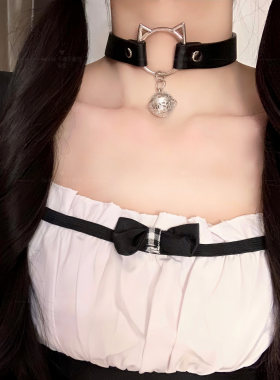 猫咪铃铛项圈牵引绳颈带链子颈圈choker锁骨链皮质颈环项链K9脖圈