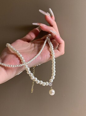 法式复古仿珍珠双层项链女配饰小米珠高级感轻奢小众锁骨链choker