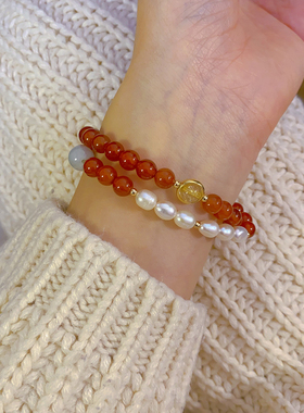 天然红玛瑙双圈925纯银手链 淡水珍珠翡翠转运招财新年手串本命年