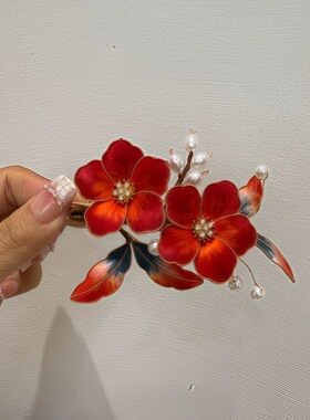 非遗红色绒花发夹古风汉服头饰结婚新娘发饰儿童成人花朵唐风边夹