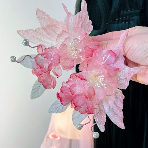 古风汉服头饰粉色绢花蝴蝶发夹唐风造型花朵发饰头花成人儿童百搭 - 图0