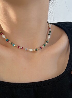 彩色淡水珍珠串珠项链女2024爆款