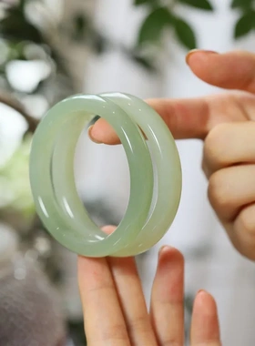 和田玉青白玉宽条手镯原创国风女款晴水色天然冰玉石款玉镯子