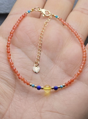 正品天然绿松石南红玛瑙青金石配天然蜜蜡金珀小颗粒女款手链手串