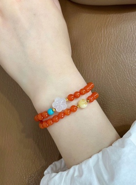 天然南红玛瑙满色满肉保山樱桃红手链原矿川料手串两圈原创圆珠款