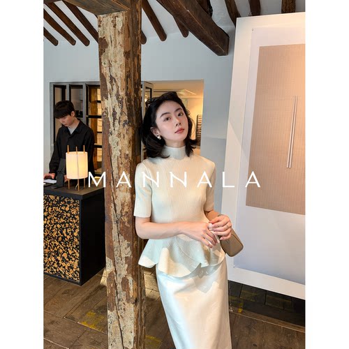 MANNALA丨“小荷摆”智性美美丽诺羊毛中袖荷叶边花瓣针织衫Q5102 - 图0