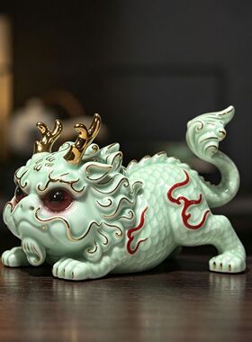 中式国潮陶瓷Q版麒麟摆件家居可爱装饰品客厅玄关办公室桌面摆设