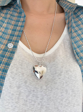 纯银光面大爱心米粒长项链女