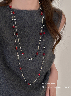 法式轻奢仿红宝石珍珠项链锁骨链