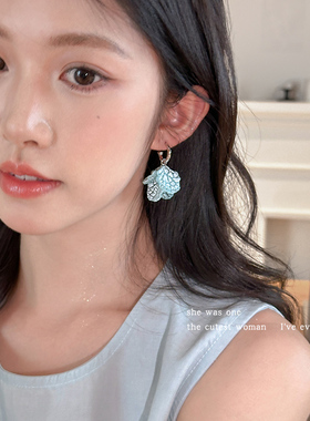 夏日海盐蓝色花瓣流苏耳环女耳坠