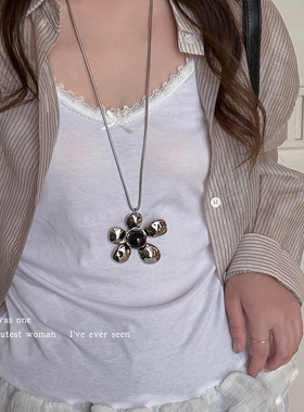 复古韩系银色花朵吊坠项链女时髦