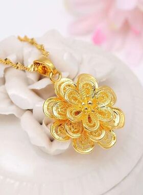 沙金饰品女小众轻奢高级感镂空富贵花玫瑰吊坠仿真机婚庆三金项链