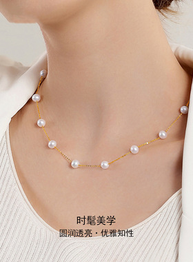 纯银满天星珍珠项链女S925纯银施家正圆轻奢小众感锁骨链毛衣链