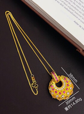 金店同款沙金饰品唐宫夜宴唐彩菱吊坠项链新中式镶钻甜甜圈毛衣链