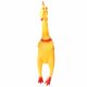 Screaming toy chicken pinches and screams in despair, chicken team building fun activities, blindfolded chicken squeals and hits people interactive game