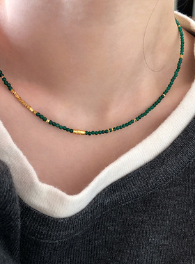 S925银切面绿玉髓碎银项链女简约绿色气质显白锁骨链春天小众设计