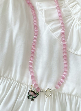 S925银明星款ins彩贝猫咪吊坠粉色猫眼石项链锁骨链粉色小众百搭