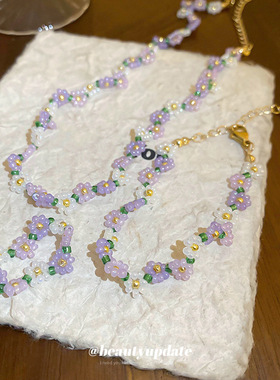 田园风小清新米珠不锈钢花朵项链