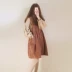 Mùa thu nữ Nhật Bản mềm mại cô gái cotton và lanh tay áo cánh hoa lỏng lẻo + dây đeo váy sinh viên hai mảnh - Váy eo cao