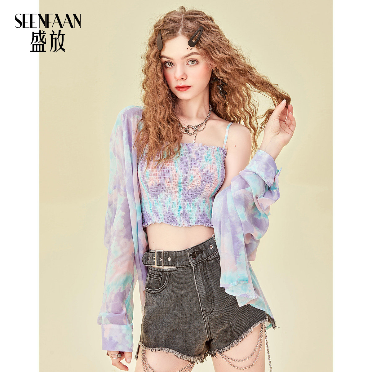 盛放扎染套装两件装夏季2021潮衬衫 盛放时尚套装