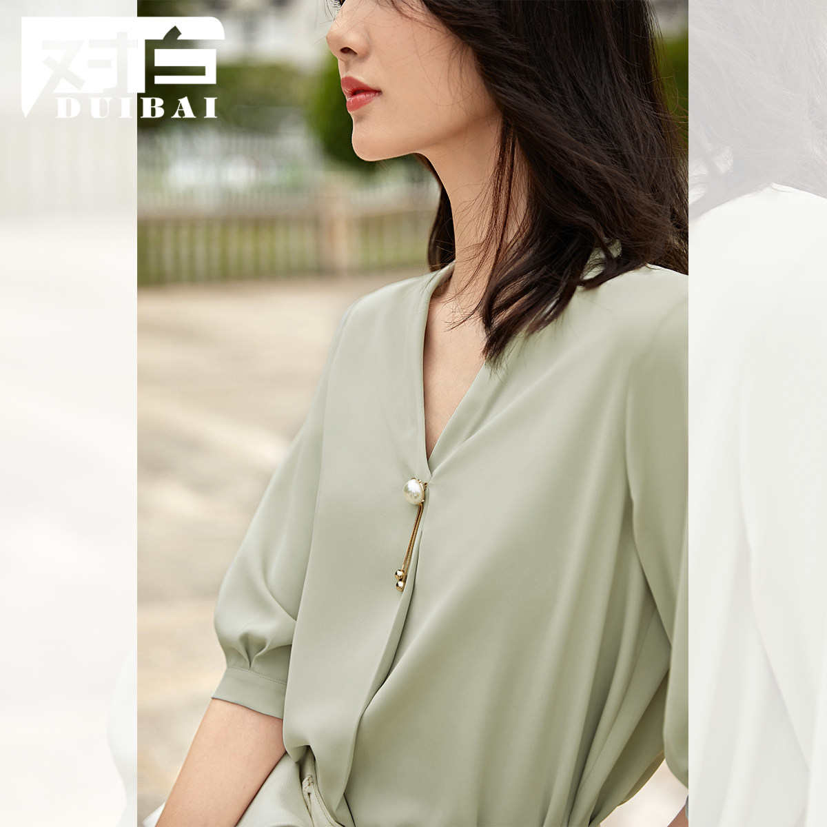 对白职业v领泡泡袖简约小衫衬衫 对白蕾丝衫/雪纺衫