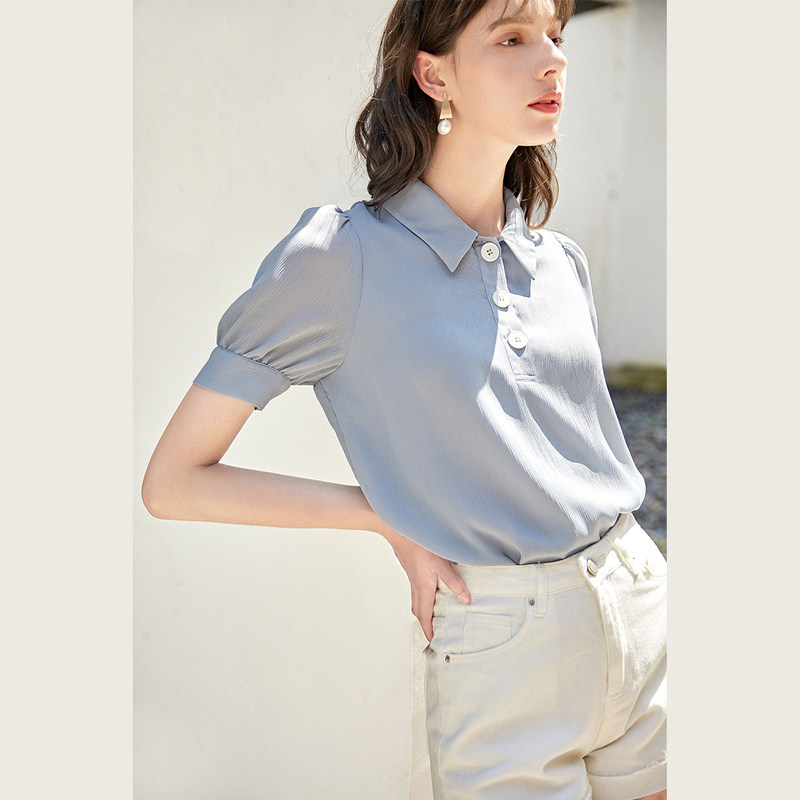 对白纯色短袖翻领泡泡袖2020 polo衫 对白蕾丝衫/雪纺衫