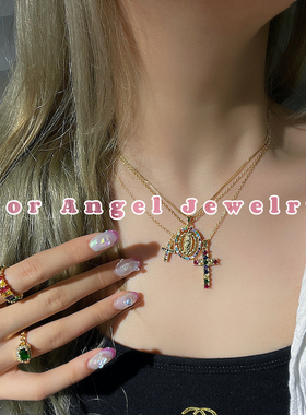 辣妹超闪彩色锆石排钻镀金项链