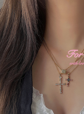 angel十字架项链彩色锆石