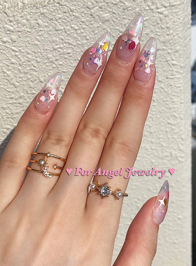 14k金少女风星月皓石三层戒指