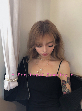 for angel / 欧美ins少女绝美超仙蝴蝶叠戴组合18K金色锁骨链项链