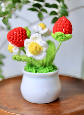 成品仿真小盆栽手工毛线编织钩织假花饰品办公室车载摆件