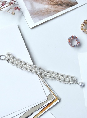 纯手工梭编蕾丝手链欧美小众高级珍珠编织复古手饰小红书卷王同款