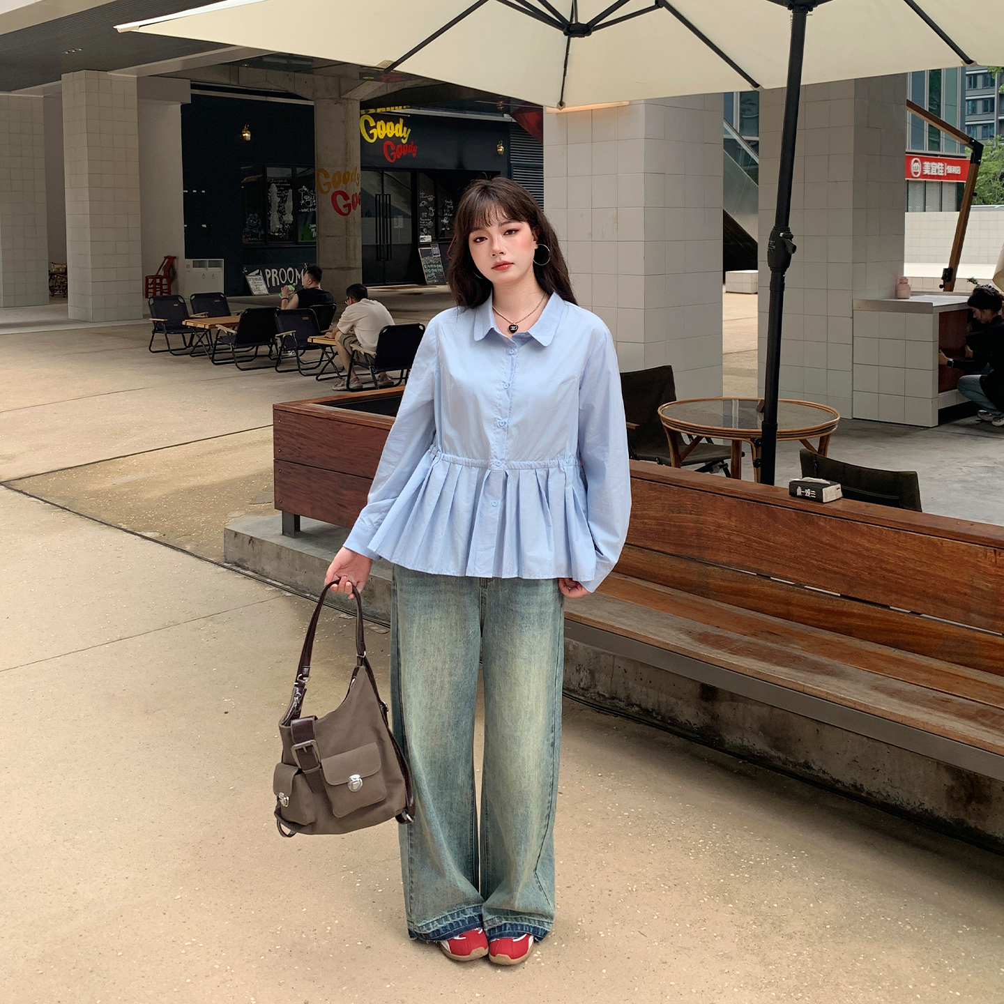 YUZI鱼子天丝衬衫特大码女装baby蓝百褶下摆娃娃领减龄显瘦胖mm - 图3