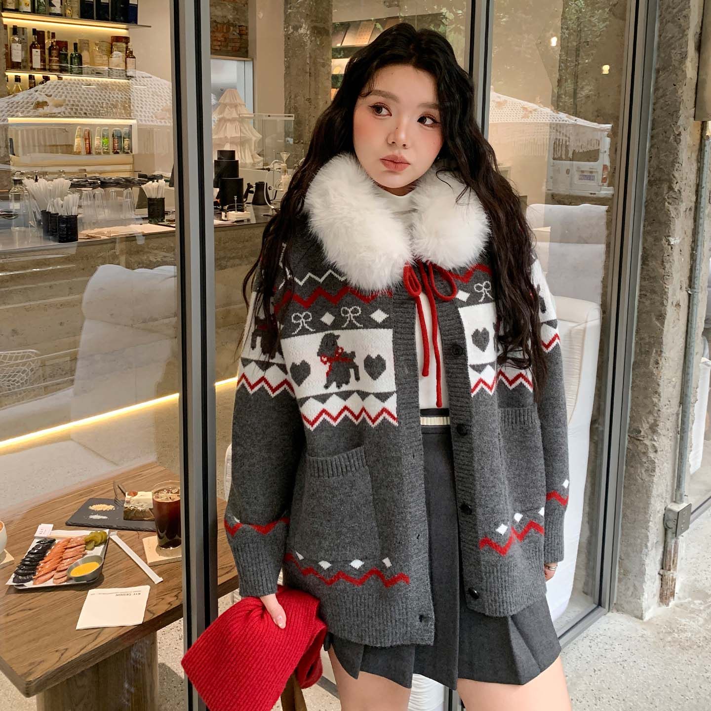 YUZI鱼子费尔岛针织开衫外套大毛领连帽秋冬复古毛衣外套大码女装,淘宝优惠券,粉丝福利购,淘宝优惠卷