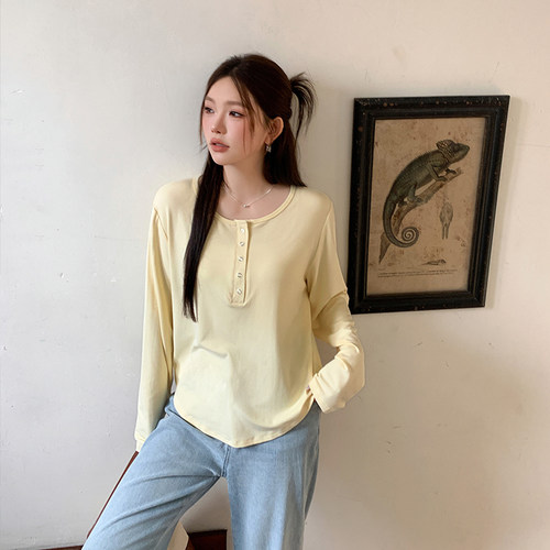 YUZI鱼子露思内搭大码女装U领长袖T恤微胖mm高弹力正肩显瘦百搭 - 图2
